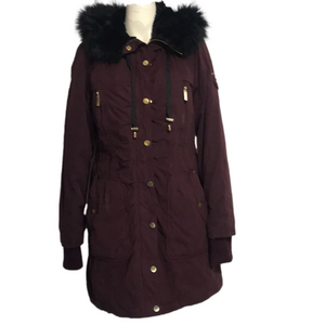 Belle Badgley Mischka Burgundy Hooded Winter Coat Sz Small